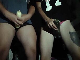 rubbing pussies on cucumber cum panties lesbian fun!