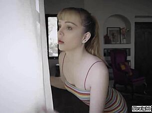 Virgin brunette's shaved pussy takes first monster cock fuck