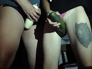 rubbing pussies on cucumber cum panties lesbian fun!