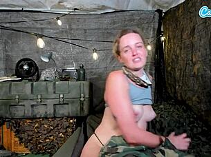 Soldier babe fingers wet pussy in quarters alone