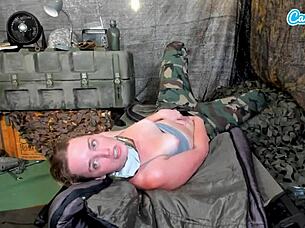 Soldier babe fingers wet pussy in quarters alone