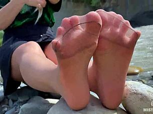 goddess teases cute nylon soles toes riverside outdoors