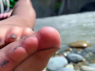 goddess teases cute nylon soles toes riverside outdoors