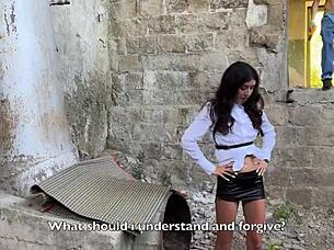 Hardcore group bangs skinny babe in abandoned house outdoors!