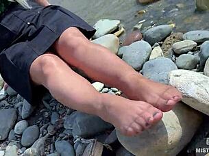 goddess teases cute nylon soles toes riverside outdoors