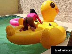 Busty asian maxine x squirts from poolside dildo anal pussy pounding