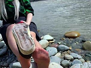 goddess teases cute nylon soles toes riverside outdoors