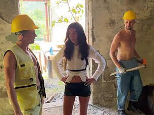 Hardcore group bangs skinny babe in abandoned house outdoors!