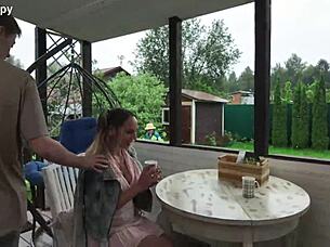 voyeur watches tattooed slut get rough anal in garden