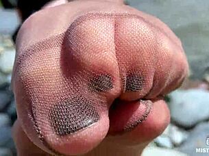 goddess teases cute nylon soles toes riverside outdoors