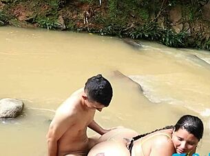 Latina milf in lingerie deepthroats monster cock before beach creampie cumshot