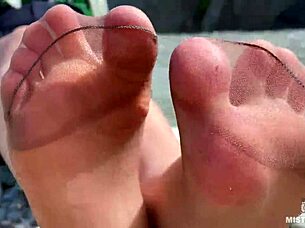 goddess teases cute nylon soles toes riverside outdoors