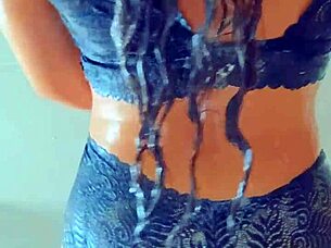 Gorgeous tanned Latina teens shower wet pussies after pool anal play