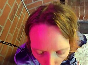 Chained blonde milf kneels ready for deepthroat gagging blowjob and spanking