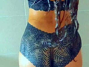 Gorgeous tanned Latina teens shower wet pussies after pool anal play