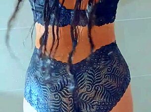 Gorgeous tanned Latina teens shower wet pussies after pool anal play