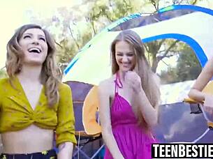 three camping teens ride friend's cock woods facial