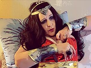 granny in corset fishnets blows superhero cock cosplay style