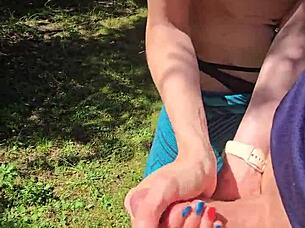 oops, quick outdoor handjob on my pierced nipples wife while walking