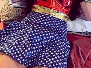 granny in corset fishnets blows superhero cock cosplay style