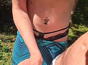 oops, quick outdoor handjob on my pierced nipples wife while walking