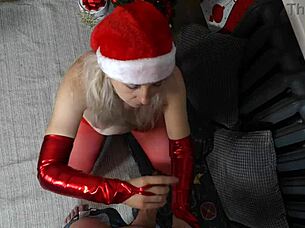 laura gets horny in christmas pantyhose teases wet legs then gives pov blowjob present