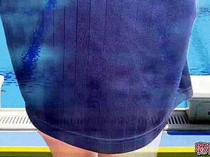 Slut in swimsuit crossdresses for secret classroom masturbation ejaculation!