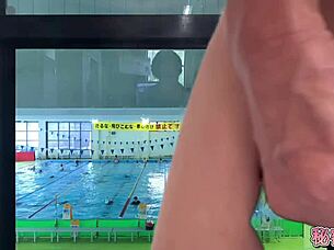 Slut in swimsuit crossdresses for secret classroom masturbation ejaculation!