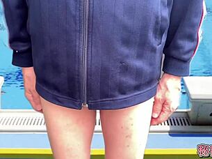 Slut in swimsuit crossdresses for secret classroom masturbation ejaculation!