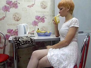 russian redhead teen cums hard with banana insertion in stockings pussy orgasm