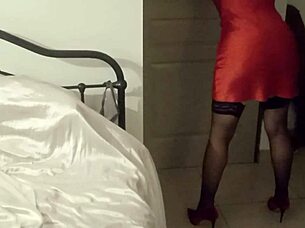 White slut rims then rides cock in red satin lingerie