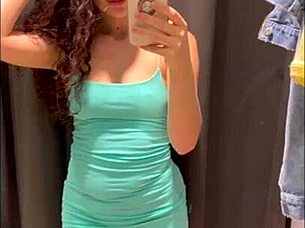 cute brunette teen panty-free store walk ends in public doggystyle creampie
