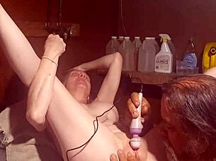 machine shakes as tongue laps juicy folds before cock pounds swollen pussy