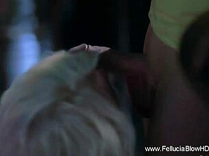 Sophisticated blonde gives sloppy night club blowjob sucking cumshot