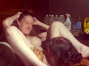 machine shakes as tongue laps juicy folds before cock pounds swollen pussy