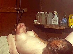 machine shakes as tongue laps juicy folds before cock pounds swollen pussy