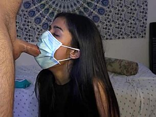 Masked Filipina deepthroats cock, unmasks for more sloppy swallowing