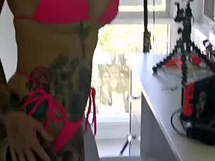 melody radford squeezes huge tits into slutty micro bikini