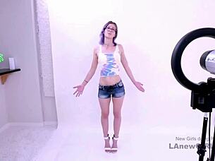 purple-hair model strips for audition then rides cock hard on sofa swallowing every drop in pov interview