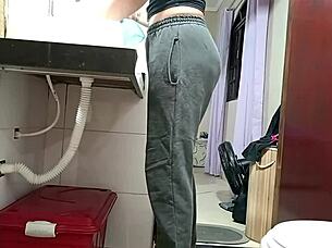 maid caught bathroom bent over blackmailed for creampie doggystyle