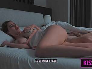 Curvy tattooed milf rides huge cock cowgirl missionary in shared bed pov
