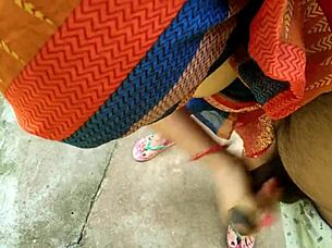 peeping stepmom's backyard pee leads to quick cum on boobs