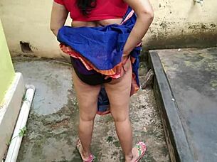 peeping stepmom's backyard pee leads to quick cum on boobs