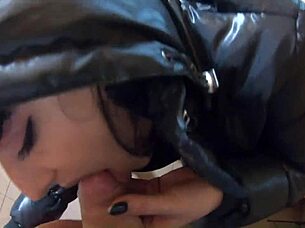 milfycalla's black down jacket and leather leggings covered in loads 😍 preview p2 i love filming this down