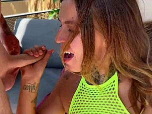 graceful blonde mel takes four cocks shower