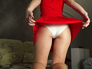 hot milf bends over flashing upskirt panties and long legs