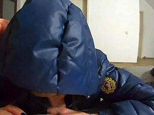 Cum Drenches Down Jacket in Long Boots Tease