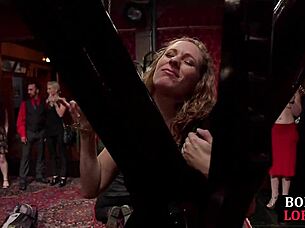 Classy lingerie femdom party spanks bound sub with toys before hardcore anal assfucking trio
