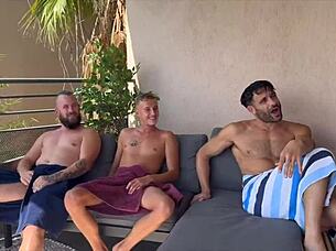 graceful blonde mel takes four cocks shower