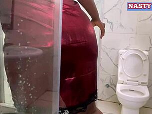 Ebony housewife showers then fucks husband's friend in bathroom